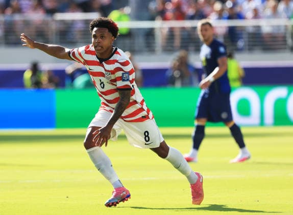 SANTA CLARA, CALIFORNIA - JULY 1: Weston McKennie of United States gestures during the FIFA World Cup, WM, Weltmeisterschaft, Fussball 2026 Round Of 32 match between USA and Bosnia and Herzegovina at San Francisco Bay Area Stadium on July 1, 2026 in Santa Clara, United States.  Copyright: xMBxMediax