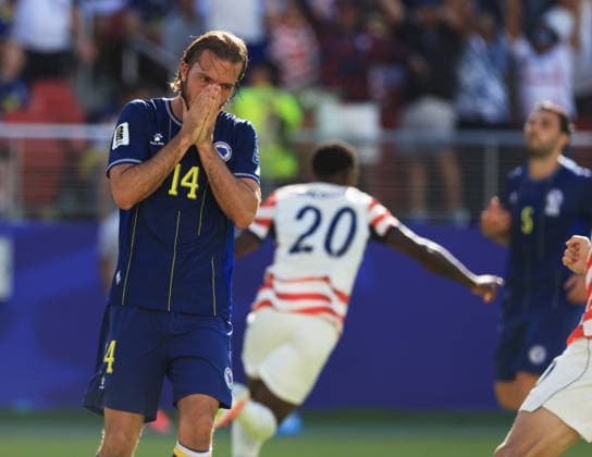 SANTA CLARA, CALIFORNIA - JULY 1: Ivan Å unjiÄ‡ of Bosnia and Herzegovina shows dejection after Folarin Balogun of United States scores his teams first goal during the FIFA World Cup, WM, Weltmeisterschaft, Fussball 2026 Round Of 32 match between USA and Bosnia and Herzegovina at San Francisco Bay Area Stadium on July 1, 2026 in Santa Clara, United States.  Copyright: xMBxMediax