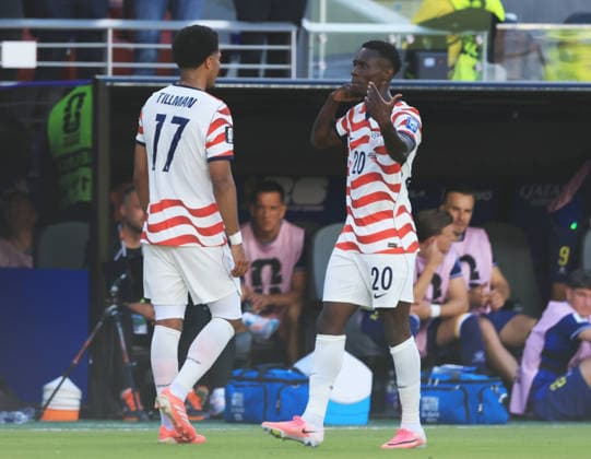 SANTA CLARA, CALIFORNIA - JULY 1: Folarin Balogun of United States celebrates after scoring his teams first goal during the FIFA World Cup, WM, Weltmeisterschaft, Fussball 2026 Round Of 32 match between USA and Bosnia and Herzegovina at San Francisco Bay Area Stadium on July 1, 2026 in Santa Clara, United States.  Copyright: xMBxMediax