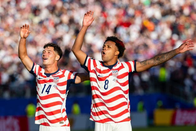 SANTA CLARA, CA - JULY 01: Sebastian Berhalter 14 and Weston McKennie 8 of United States of America celebrates after a win in the FIFA World Cup, WM, Weltmeisterschaft, Fussball 2026 Round of 32 match between United States of America and Bosnia and Herzegovina on July 1, 2026 at San Francisco Bay Area Stadium in Santa Clara, CA. (Photo by Matthew Huang Icon Sportswire) SOCCER: JUL 01 FIFA World Cup 26 Round of 32 - USA v Bosnia and Herzegovina EDITORIAL USE ONLY Icon260701056