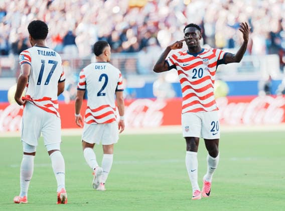 (260702) -- SAN FRANCISCO, July 2, 2026 -- Folarin Balogun (R) of the United States celebrates after scoring during the round of 32 match between the United States and Bosnia and Herzegovina at the 2026 FIFA World Cup, WM, Weltmeisterschaft, Fussball at San Francisco Bay Area Stadium in San Francisco, the United States, July 1, 2026. ) (SP)U.S.-SAN FRANCISCO-FOOTBALL-FIFA WORLD CUP-ROUND OF 32-USA VS BIH XuxChang 