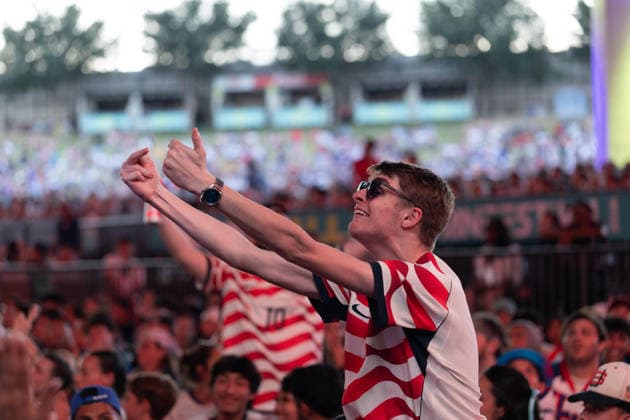 July 1, 2026, Dallas, Texas, USA: A fan reacts to a round of 32 game between the United States and Bosnia and Herzegovina at the FIFA Fest in Dallas, Texas. The United States moves on to the round of 16 after defeating Bosnia and Herzegovina, 2-0. World Cup 2026: Watch Party: USA Vs Bosnia And Herzegovina  - ZUMAh193 20260701_zsp_h193_010 Copyright: xDanielxMcGregor-Huyerx