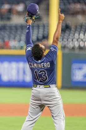 JULY 1, 2026: Tampa Bay Rays third baseman Junior Caminero (13) celebrates after the game against the Kansas City Royals at Kauffman Stadium in Kansas City, MO. CSM MLB, Baseball Herren, USA 2026: Rays Vs Royals Jul 1st  - ZUMAc04_ 20260701_zma_c04_048 Copyright: xRomanxPunox