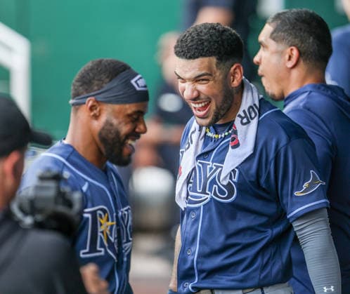 JULY 1, 2026: Tampa Bay Rays outfielder Victor Mesa Jr. (25) reacts in the dugout against the Kansas City Royals at Kauffman Stadium in Kansas City, MO. CSM MLB, Baseball Herren, USA 2026: Rays Vs Royals Jul 1st  - ZUMAc04_ 20260701_zma_c04_045 Copyright: xRomanxPunox
