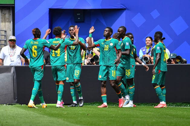 July 01, 2026: Senegal teammates celebrate a goal during the FIFA World Cup, WM, Weltmeisterschaft, Fussball knockout round of 32 match between Belgium and Senegal in Seattle, WA.Belgium defeated Senegal 3-2 on a penalty kick near the end of the second overtime period. CSM FIFA World Cup 2026: JUL 01 Belgium Vs Senegal  - ZUMAc04_ 20260701_zma_c04_063 Copyright: xStevexFaberx