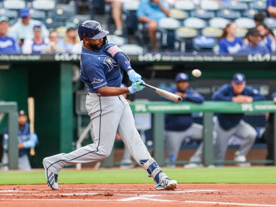 JULY 1, 2026: Tampa Bay Rays third baseman Junior Caminero (13) hits a home run in the 1st inning against the Kansas City Royals at Kauffman Stadium in Kansas City, MO. CSM MLB, Baseball Herren, USA 2026: Rays Vs Royals Jul 1st  - ZUMAc04_ 20260701_zma_c04_042 Copyright: xRomanxPunox