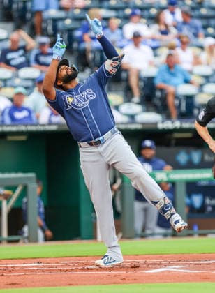 JULY 1, 2026: Tampa Bay Rays third baseman Junior Caminero (13) celebrates at home plate at Kauffman Stadium in Kansas City, MO. CSM MLB, Baseball Herren, USA 2026: Rays Vs Royals Jul 1st  - ZUMAc04_ 20260701_zma_c04_030 Copyright: xRomanxPunox