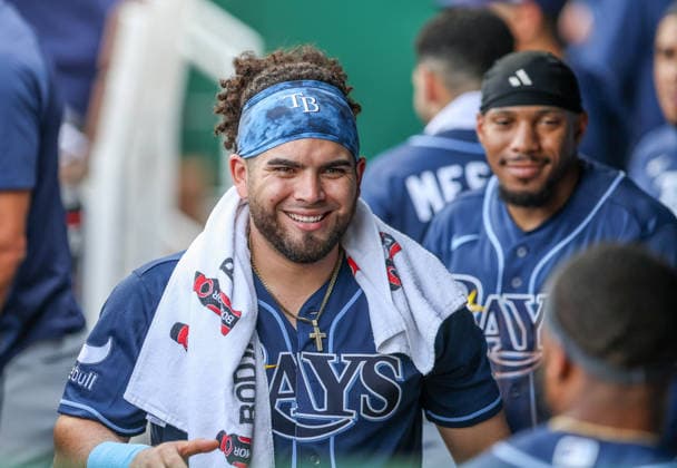 JULY 1, 2026: Tampa Bay Rays first baseman Jonathan Aranda (8) reacts in the dugout against the Kansas City Royals at Kauffman Stadium in Kansas City, MO. CSM MLB, Baseball Herren, USA 2026: Rays Vs Royals Jul 1st  - ZUMAc04_ 20260701_zma_c04_035 Copyright: xRomanxPunox