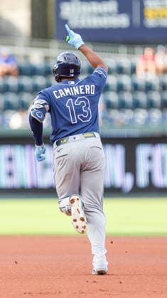 JULY 1, 2026: Tampa Bay Rays third baseman Junior Caminero (13) points towards the bullpen after hitting a home run in the 1st inning against the Kansas City Royals at Kauffman Stadium in Kansas City, MO. CSM MLB, Baseball Herren, USA 2026: Rays Vs Royals Jul 1st  - ZUMAc04_ 20260701_zma_c04_037 Copyright: xRomanxPunox