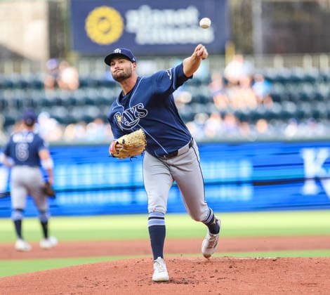 JULY 1, 2026: Tampa Bay Rays starting pitcher Shane McClanahan (18) warms up before the game against the Kansas City Royals at Kauffman Stadium in Kansas City, MO. CSM MLB, Baseball Herren, USA 2026: Rays Vs Royals Jul 1st  - ZUMAc04_ 20260701_zma_c04_021 Copyright: xRomanxPunox