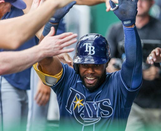 JULY 1, 2026: Tampa Bay Rays center fielder Cedric Mullins (31) celebrates in the dugout after hitting a home run against the Kansas City Royals at Kauffman Stadium in Kansas City, MO. CSM MLB, Baseball Herren, USA 2026: Rays Vs Royals Jul 1st  - ZUMAc04_ 20260701_zma_c04_024 Copyright: xRomanxPunox