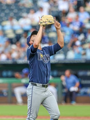 JULY 1, 2026: Tampa Bay Rays starting pitcher Shane McClanahan (18) reacts after getting out of the inning against the Kansas City Royals at Kauffman Stadium in Kansas City, MO. CSM MLB, Baseball Herren, USA 2026: Rays Vs Royals Jul 1st  - ZUMAc04_ 20260701_zma_c04_026 Copyright: xRomanxPunox