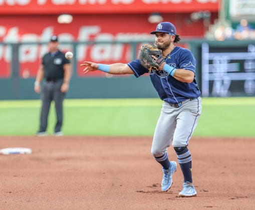 JULY 1, 2026: Tampa Bay Rays first baseman Jonathan Aranda (8) fields a ground ball against the Kansas City Royals at Kauffman Stadium in Kansas City, MO. CSM MLB, Baseball Herren, USA 2026: Rays Vs Royals Jul 1st  - ZUMAc04_ 20260701_zma_c04_027 Copyright: xRomanxPunox