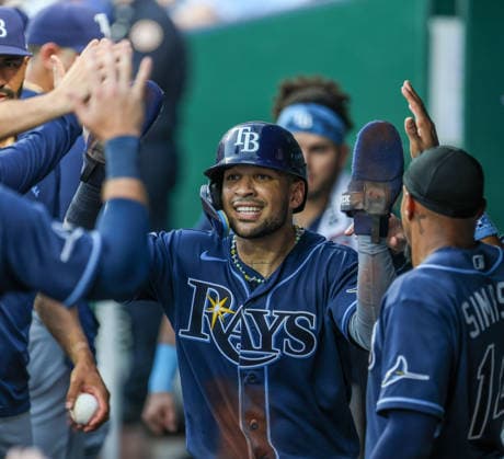 JULY 1, 2026: Tampa Bay Rays outfielder Victor Mesa Jr. (25) celebrates in the dugout in the 8th inning against the Kansas City Royals at Kauffman Stadium in Kansas City, MO. CSM MLB, Baseball Herren, USA 2026: Rays Vs Royals Jul 1st  - ZUMAc04_ 20260701_zma_c04_017 Copyright: xRomanxPunox