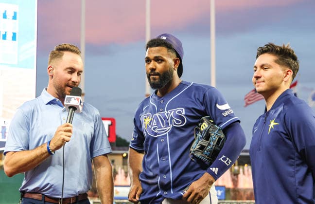 JULY 1, 2026: Tampa Bay Rays third baseman Junior Caminero (13) gets interviewed after the game against the Kansas City Royals at Kauffman Stadium in Kansas City, MO. CSM Kansas City United States - ZUMAc04_ 20260701_zma_c04_051 Copyright: xRomanxPunox