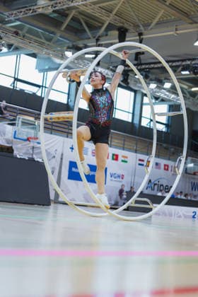 Wheel Gymnastics World Championships 2026 Rhönrad Weltmeisterschaft 2026 in der Sparkassen Arena Göttingen. Deutschland, Göttingen am 01. Juli 2026: Tag eins der Weltmeisterschaft in Rhönrad mit über 250 Athletinnen und Athleten aus 17 Nationen. Miho Yamada aus der Japan beim Gym Wheel Senior All Around Semi-Finals Woman (Frauen Halbfinal der Rhönrad turnen) in der Geradeturnen Disziplin (Straight-line). *** 2026 World Championships in Gymnastics on the Rhönrad at the Sparkassen Arena in Göttingen, Germany, Göttingen on July 1, 2026—Day one of the Rhönrad World Championships with over 250 athletes from 17 nations. Miho Yamada from Japan competes in the Gym Wheel Senior All-Around Semifinals—Women’s Rhönrad Gymnastics Semifinals in the straight-line discipline Straight line