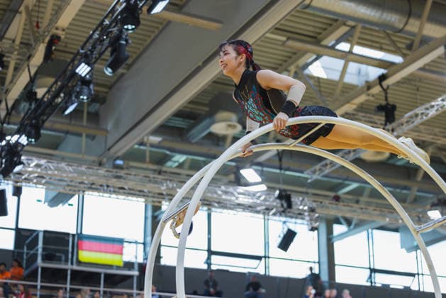 Wheel Gymnastics World Championships 2026 Rhönrad Weltmeisterschaft 2026 in der Sparkassen Arena Göttingen. Deutschland, Göttingen am 01. Juli 2026: Tag eins der Weltmeisterschaft in Rhönrad mit über 250 Athletinnen und Athleten aus 17 Nationen. Miho Yamada aus der Japan beim Gym Wheel Senior All Around Semi-Finals Woman (Frauen Halbfinal der Rhönrad turnen) in der Geradeturnen Disziplin (Straight-line). *** 2026 World Championships in Gymnastics on the Rhönrad at the Sparkassen Arena in Göttingen, Germany, Göttingen on July 1, 2026—Day one of the Rhönrad World Championships with over 250 athletes from 17 nations. Miho Yamada from Japan competes in the Gym Wheel Senior All-Around Semifinals—Women’s Rhönrad Gymnastics Semifinals in the straight-line discipline Straight line
