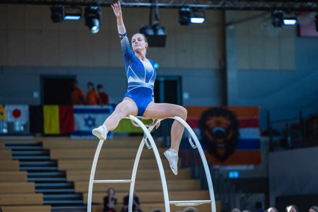Wheel Gymnastics World Championships 2026 Rhönrad Weltmeisterschaft 2026 in der Sparkassen Arena Göttingen. Deutschland, Göttingen am 01. Juli 2026: Tag eins der Weltmeisterschaft in Rhönrad mit über 250 Athletinnen und Athleten aus 17 Nationen. Katharina Müller aus der Schweiz beim Gym Wheel Senior All Around Semi-Finals Woman ( Frauen Halbfinal der Rhönrad turnen) in der Geradeturnen Disziplin (Straight-line). *** 2026 World Championships in Wheel Gymnastics: 2026 Rhönrad World Championships at the Sparkassen Arena in Göttingen, Germany, Göttingen on July 1, 2026—Day one of the Rhönrad World Championships with over 250 athletes from 17 nations. Katharina Müller from Switzerland in the Gym Wheel Senior All-Around Semifinals—Women’s Rhönrad Gymnastics Semifinals in the Straight Gymnastics discipline. Straight line
