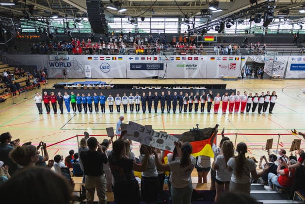 Wheel Gymnastics World Championships 2026 Rhönrad Weltmeisterschaft 2026 in der Sparkassen Arena Göttingen. Deutschland, Göttingen am 01. Juli 2026: Tag eins der Weltmeisterschaft in Rhönrad mit über 250 Athletinnen und Athleten aus 17 Nationen. Die Teilnehmerinnen der Gym Wheel Senior All Around Semi-Finals Woman (Frauen Halbfinal der Rhönrad turnen). *** 2026 World Championships in Wheel Gymnastics: 2026 Rhönrad World Championships at the Sparkassen Arena in Göttingen, Germany, Göttingen on July 1, 2026—Day one of the Rhönrad World Championships with over 250 athletes from 17 nations. The participants in the Gym Wheel Senior All-Around Semifinals—Women’s Rhönrad Gymnastics Semifinals