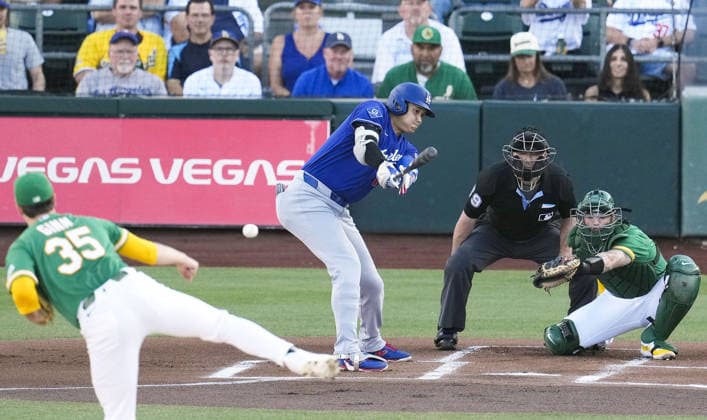 CORRECTED: Baseball: Dodgers vs. Athletics Los Angeles Dodgers designated hitter Shohei Ohtani grounds out in the first inning of a baseball game against the Athletics at Sutter Health Park in West Sacramento, California, on July 1, 2026.  A14AA0005621195P