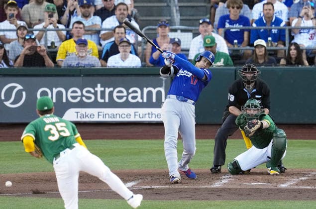Baseball: Dodgers vs. Athletics Los Angeles Dodgers designated hitter Shohei Ohtani grounds out in the second inning of a baseball game against the Athletics at Sutter Health Park in West Sacramento, California, on July 1, 2026.  A14AA0005621197P