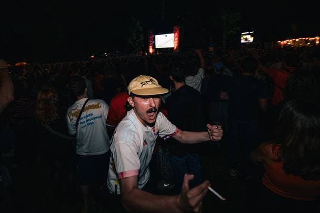 Belgian fans and supporters celebrate after scoring during a soccer game between Belgian national team, Nationalteam Red Devils and Senegal at the 2026 World Cup, on Wednesday 01 July 2026, at Place Dumont, in Stockel, Brussels. EMILExWINDAL  x180139482x