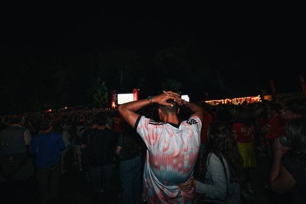 Belgian fans and supporters celebrate after scoring during a soccer game between Belgian national team, Nationalteam Red Devils and Senegal at the 2026 World Cup, on Wednesday 01 July 2026, at Place Dumont, in Stockel, Brussels. EMILExWINDAL  x180139487x