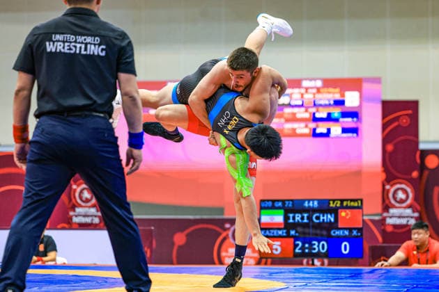 U20 Wrestling Asian Championships 2026 72kg GR - Mohammad Hossein Kazemi (IRI) df. Xin Chen (CHN) *** 2026 U20 Asian Wrestling Championships, 72kg Greco-Roman: Mohammad Hossein Kazemi (IRI) defeated Xin Chen (CHN) Copyright: xKadirxCaliskanx xUnitedxWorldxWrx Kadir Caliskan United World Wr