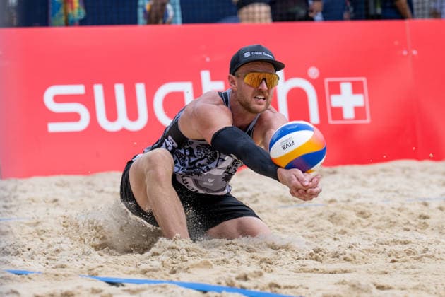 GSTAAD, SWITZERLAND - JULY 1: Chaim Schalk (Player No. 2, USA) during the Beach Pro Tour - Elite 16 at Gstaad on July 1, 2026 in Gstaad, Switzerland. Switzerland Copyright: xPeterxWeberx