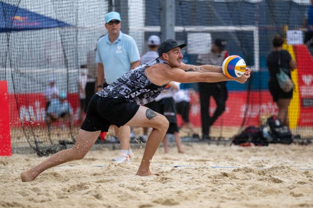 GSTAAD, SWITZERLAND - JULY 1: Cody Caldwell (Player No. 1, USA) during the Beach Pro Tour - Elite 16 at Gstaad on July 1, 2026 in Gstaad, Switzerland. Switzerland Copyright: xPeterxWeberx