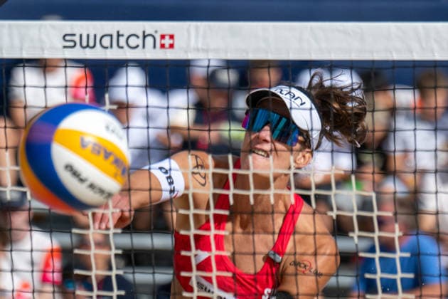 GSTAAD, SWITZERLAND - JULY 1: Joana Mäder (Player No. 1, SUI) during the Beach Pro Tour - Elite 16 at Gstaad on July 1, 2026 in Gstaad, Switzerland. Switzerland Copyright: xPeterxWeberx