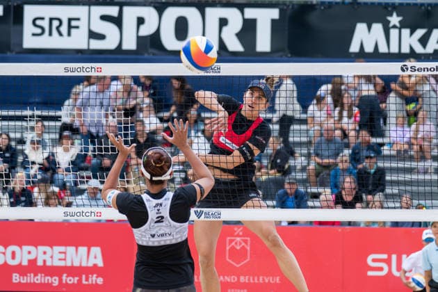 GSTAAD, SWITZERLAND - JULY 1: Tanja Hüberli (Player No. 2, SUI) during the Beach Pro Tour - Elite 16 at Gstaad on July 1, 2026 in Gstaad, Switzerland. Switzerland Copyright: xPeterxWeberx