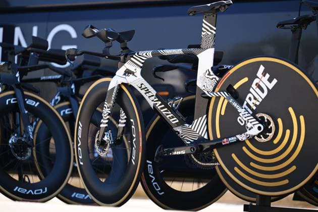 The time trial bike of Belgian Remco Evenepoel of Red Bull-BORA-hansgrohe pictured before a training ahead of the 2026 Tour de France cycling race, Thursday 02 July 2026, in Barcelona, Spain. The 113th edition of the Tour de France starts on Saturday 4 July in Barcelona, Spain, and will finish in Paris, France on the 26th of July. DAVIDxPINTENS  x180150734x