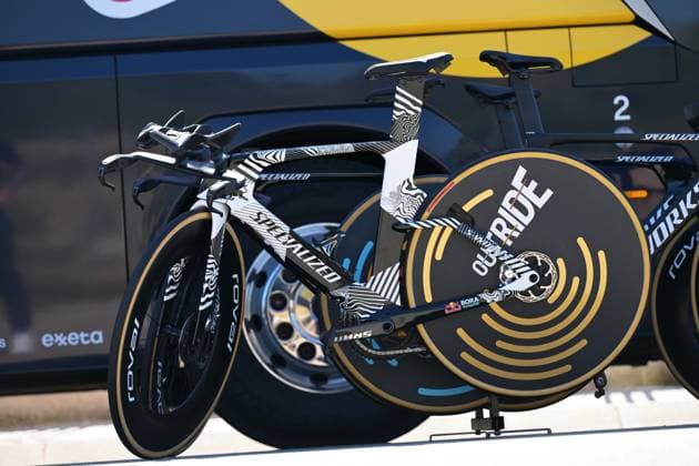 The time trial bike of Belgian Remco Evenepoel of Red Bull-BORA-hansgrohe pictured before a training ahead of the 2026 Tour de France cycling race, Thursday 02 July 2026, in Barcelona, Spain. The 113th edition of the Tour de France starts on Saturday 4 July in Barcelona, Spain, and will finish in Paris, France on the 26th of July. DAVIDxPINTENS  x180150736x