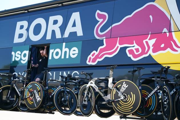 The time trial bike of Belgian Remco Evenepoel of Red Bull-BORA-hansgrohe pictured before a training ahead of the 2026 Tour de France cycling race, Thursday 02 July 2026, in Barcelona, Spain. The 113th edition of the Tour de France starts on Saturday 4 July in Barcelona, Spain, and will finish in Paris, France on the 26th of July. DAVIDxPINTENS  x180150787x