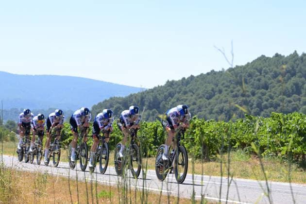 Belgian Jordi Meeus of Red Bull-BORA-hansgrohe (R) and Red Bull-BORA-hansgrohe riders pictured in action during a time trial training ahead of the 2026 Tour de France cycling race, Thursday 02 July 2026, in Barcelona, Spain. The 113th edition of the Tour de France starts on Saturday 4 July in Barcelona, Spain, and will finish in Paris, France on the 26th of July. DAVIDxPINTENS  x180154981x