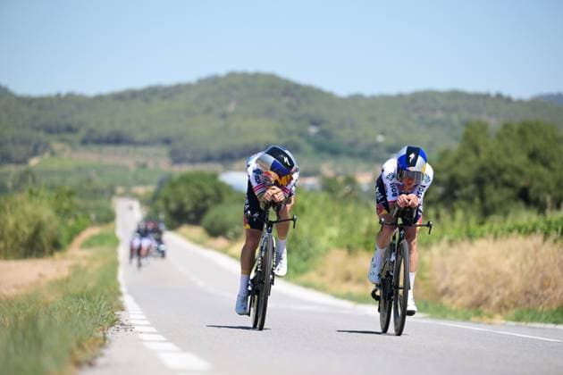 Belgian Remco Evenepoel of Red Bull-BORA-hansgrohe and Belgian Maxim Van Gils of Red Bull-BORA-hansgrohe pictured in action during a time trial training ahead of the 2026 Tour de France cycling race, Thursday 02 July 2026, in Barcelona, Spain. The 113th edition of the Tour de France starts on Saturday 4 July in Barcelona, Spain, and will finish in Paris, France on the 26th of July. DAVIDxPINTENS  x180156187x