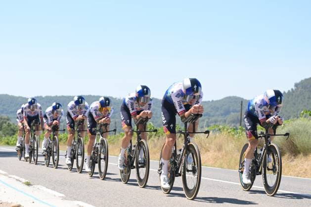 Red Bull-BORA-hansgrohe riders pictured in action during a time trial training ahead of the 2026 Tour de France cycling race, Thursday 02 July 2026, in Barcelona, Spain. The 113th edition of the Tour de France starts on Saturday 4 July in Barcelona, Spain, and will finish in Paris, France on the 26th of July. DAVIDxPINTENS  x180157788x