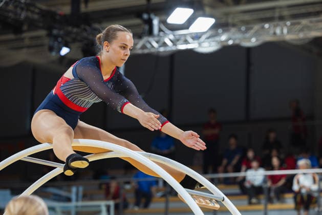 Wheel Gymnastics World Championships 2026 Rhönrad Weltmeisterschaft 2026 in der Sparkassen Arena Göttingen. Tag 02. Deutschland, Göttingen am 01. Juli 2026: Tag Zwei der Weltmeisterschaft in Rhönrad mit über 250 Athletinnen und Athleten aus 17 Nationen. Iselin Horvel (Horvel) aus Norwegen in der Disziplin Geradeturnen (Straight-line). *** 2026 World Championships in Wheel Gymnastics: 2026 Rhönrad World Championships at the Sparkassen Arena in Göttingen, Day 2, Germany, Göttingen on July 1, 2026 Day two of the Rhönrad World Championships with over 250 athletes from 17 nations Iselin Horvel Horvel from Norway in the straight-line gymnastics discipline