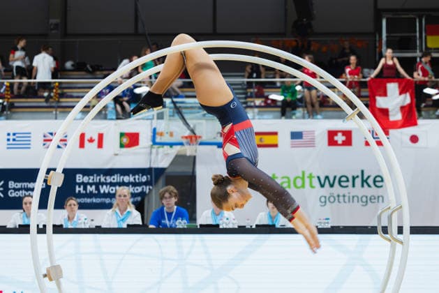 Wheel Gymnastics World Championships 2026 Rhönrad Weltmeisterschaft 2026 in der Sparkassen Arena Göttingen. Tag 02. Deutschland, Göttingen am 01. Juli 2026: Tag Zwei der Weltmeisterschaft in Rhönrad mit über 250 Athletinnen und Athleten aus 17 Nationen. Iselin Horvel (Horvel) aus Norwegen in der Disziplin Geradeturnen (Straight-line). *** 2026 World Championships in Wheel Gymnastics: 2026 Rhönrad World Championships at the Sparkassen Arena in Göttingen, Day 2, Germany, Göttingen on July 1, 2026 Day two of the Rhönrad World Championships with over 250 athletes from 17 nations Iselin Horvel Horvel from Norway in the straight-line gymnastics discipline