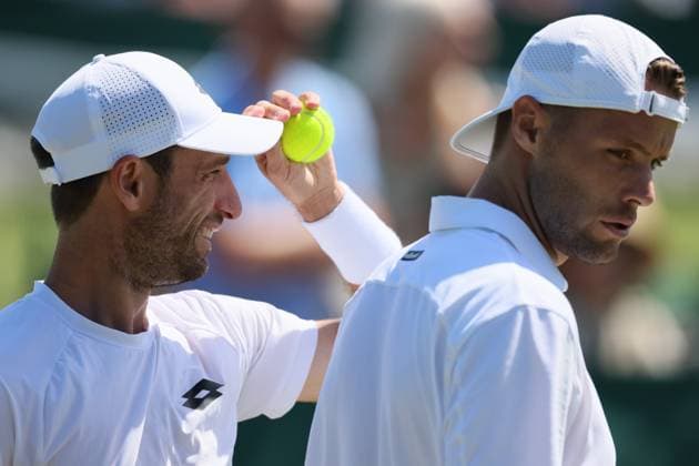 Belgian Sander Gille and Dutch Sem Verbeek pictured during a first round game between Indian-Brazilian pair Balaji-Demoliner and Belgian-Dutch pair Gille-Verbeek in the Men s doubles at the Wimbledon grand slam tennis tournament in London, Britain, Thursday 02 July 2026. BENOITxDOPPAGNE  x180163010x