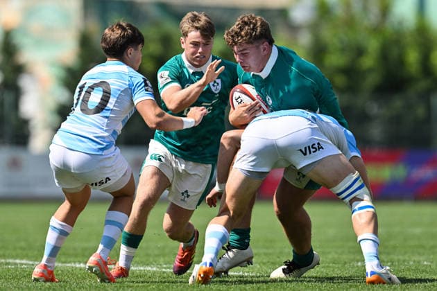 2026 World Rugby Junior World Championship, WM, Weltmeisterschaft Pool C, Avchala Rugby Stadium, Tbilisi, Georgia 2 7 2026 Argentina vs Ireland Ireland s Sami Bishti is tackled by Argentina s Pedro Coll Sami Bishti is tackled by Pedro Coll 2 7 2026  Copyright: xLevanxVerdzeulix Z99_9161