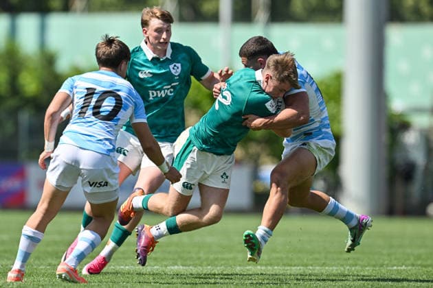 2026 World Rugby Junior World Championship, WM, Weltmeisterschaft Pool C, Avchala Rugby Stadium, Tbilisi, Georgia 2 7 2026 Argentina vs Ireland Ireland s Charlie O™Shea is tackled by Argentina s Benjamin Ordiz Yujnovsky Charlie O™Shea is tackled by Benjamin Ordiz Yujnovsky 2 7 2026  Copyright: xLevanxVerdzeulix Z99_9274