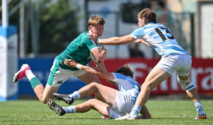 2026 World Rugby Junior World Championship, WM, Weltmeisterschaft Pool C, Avchala Rugby Stadium, Tbilisi, Georgia 2 7 2026 Argentina vs Ireland Ireland s Daniel Ryan is tackled by Argentina s Pedro Coll Daniel Ryan is tackled by Pedro Coll 2 7 2026  Copyright: xLevanxVerdzeulix Z99_9309