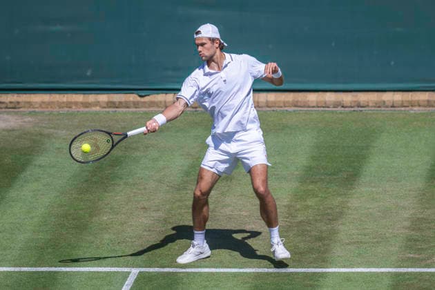 RECORD DATE NOT STATED 2nd July 2026; All England Lawn Tennis and Croquet Club, London, England; Wimbledon Tennis Tournament, Day Four; Otto Virtanen (FIN) plays a forehand in his second round match against Arthur Fery (GBR) GodfreyxPitt