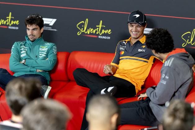 SILVERSTONE - (l-r) Lance Stroll (Aston Martin), Lando Norris (McLaren) and Gabriel Bortoleto (Audi) during a press conference, PK, Pressekonferenz at the Silverstone circuit ahead of the British Grand Prix. SANDER KONING ANP xVIxANPxSportx xxANPxIVx 562611973 originalFilename: 562611973.jpg