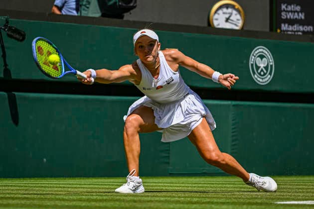 RECORD DATE NOT STATED 2nd July 2026; All England Lawn Tennis and Croquet Club, London, England; Wimbledon Tennis Tournament, Day Four; Katie Swan (GBR) plays a forehand in her second round match against Madison Keys (USA) GodfreyxPitt