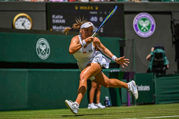RECORD DATE NOT STATED 2nd July 2026; All England Lawn Tennis and Croquet Club, London, England; Wimbledon Tennis Tournament, Day Four; Katie Swan (GBR) plays a forehand in her second round match against Madison Keys (USA) GodfreyxPitt