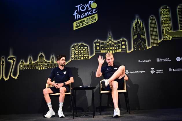 Tour de France 2026 Media Activities 02 07 2026 BARCELONA, SPAIN - JULY 02 : Paret-peintre Valentin (FRA) of Soudal Quick-Step and Merlier Tim (BEL) of Soudal Quick-Step speaking with the media during a press conference, PK, Pressekonferenz prior to the 113rd edition of Tour de France 2026, on July 2, 2026 in Barcelona, Spain, 02 07 2026 Barcelona Spain  Copyright: xPeterxDexVoechtx