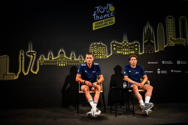 Dutch Mathieu van der Poel and Belgian Jasper Philipsen of Alpecin-Premier Tech pictured during a press conference, PK, Pressekonferenz ahead of the 2026 Tour de France cycling race, Thursday 02 July 2026, in Barcelona, Spain. The 113th edition of the Tour de France starts on Saturday 4 July in Barcelona, Spain, and will finish in Paris, France on the 26th of July. DAVIDxPINTENS  x180181006x